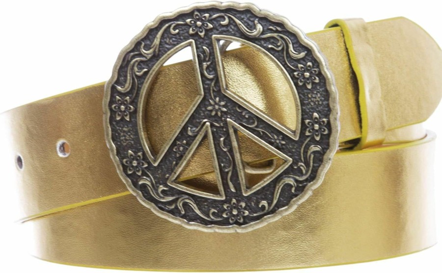 beltiscool 1 1/2" Snap On Belt With Round Perforated Floral Engraving Peace Sign Belt Buckle | Belts