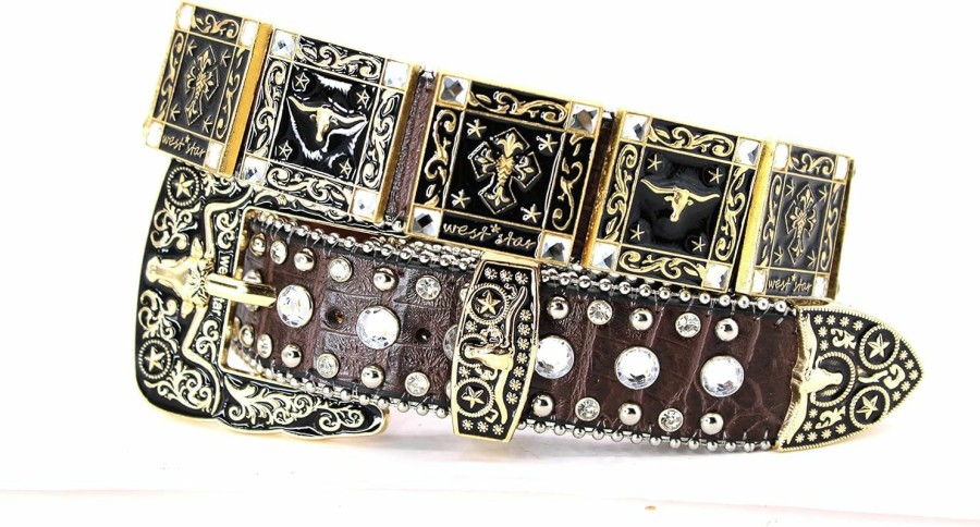 West Star Texas Genuine Leather Belt For Women & Cowboy Big Rhinestone With Engraved Buckle Country Style | Belts