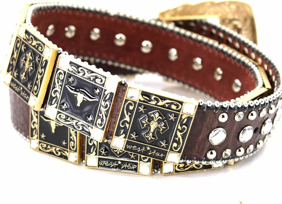 West Star Texas Genuine Leather Belt For Women & Cowboy Big Rhinestone With Engraved Buckle Country Style | Belts