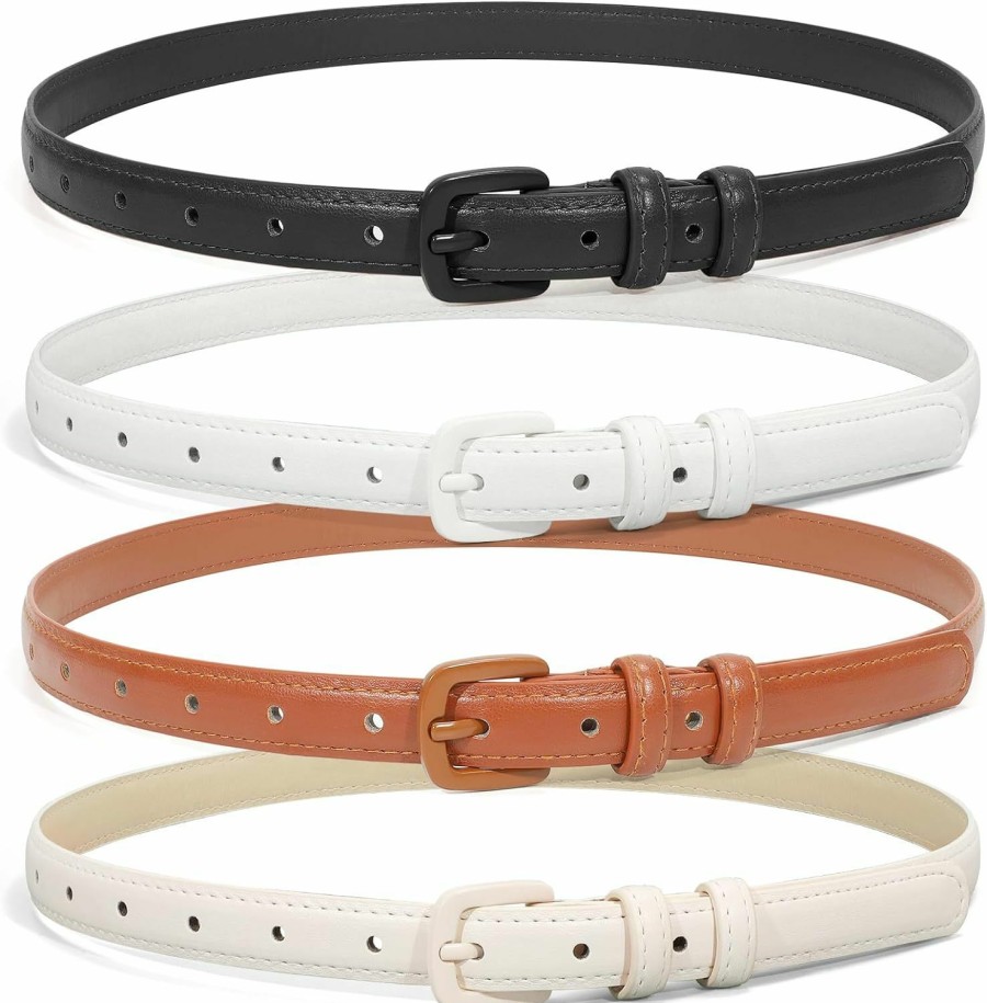 WHIPPY Whippy Set Of 4 Women Skinny Leather Belt Thin Waist Belt With Metal Buckle For Pants Jeans Dresses | Belts