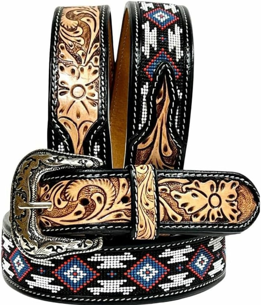 Affilare Western Leather Beaded Tooled Belt With Removable Buckle 30Is102 | Belts