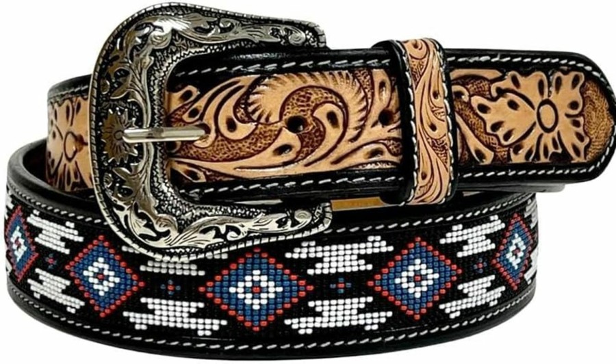 Affilare Western Leather Beaded Tooled Belt With Removable Buckle 30Is102 | Belts