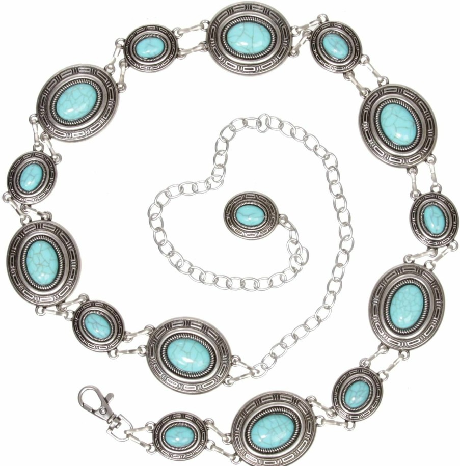 beltiscool Women'S Western Oval Concho Turquoise Stone Chain Belt | Belts