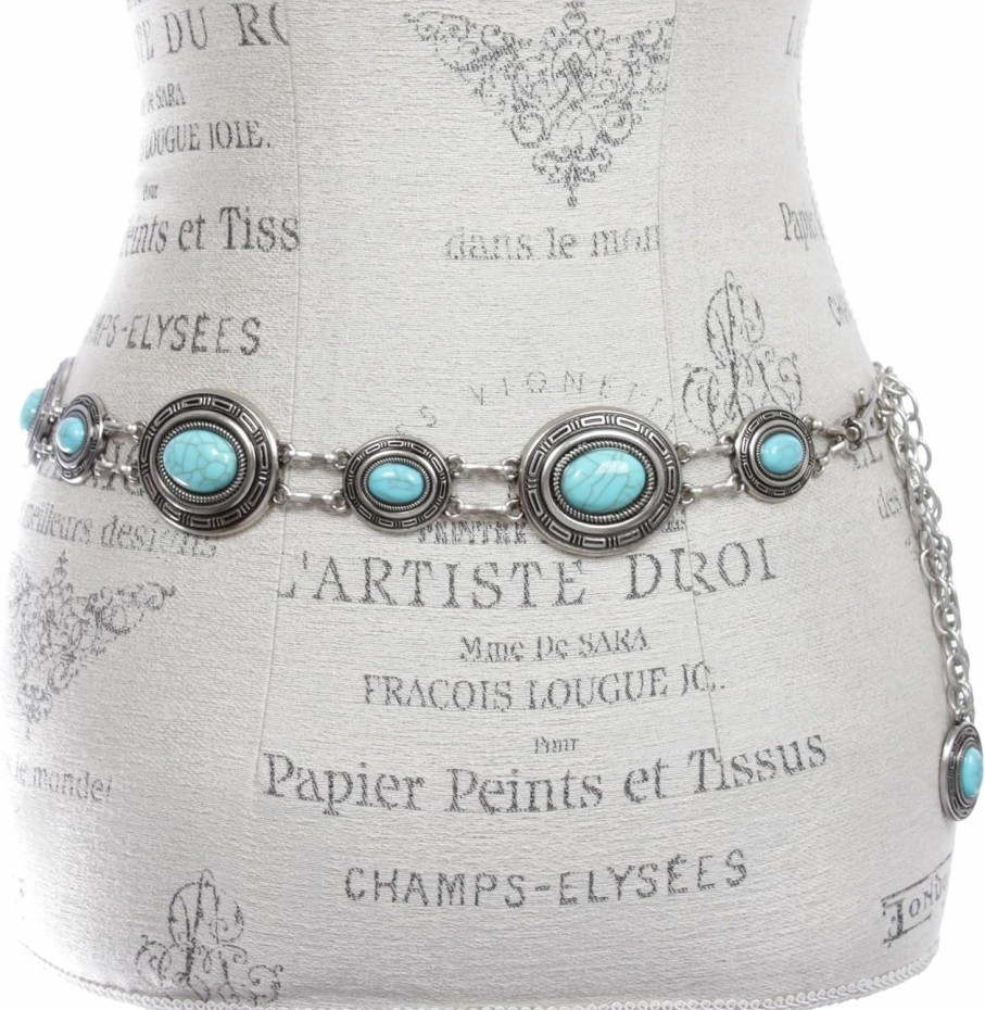 beltiscool Women'S Western Oval Concho Turquoise Stone Chain Belt | Belts