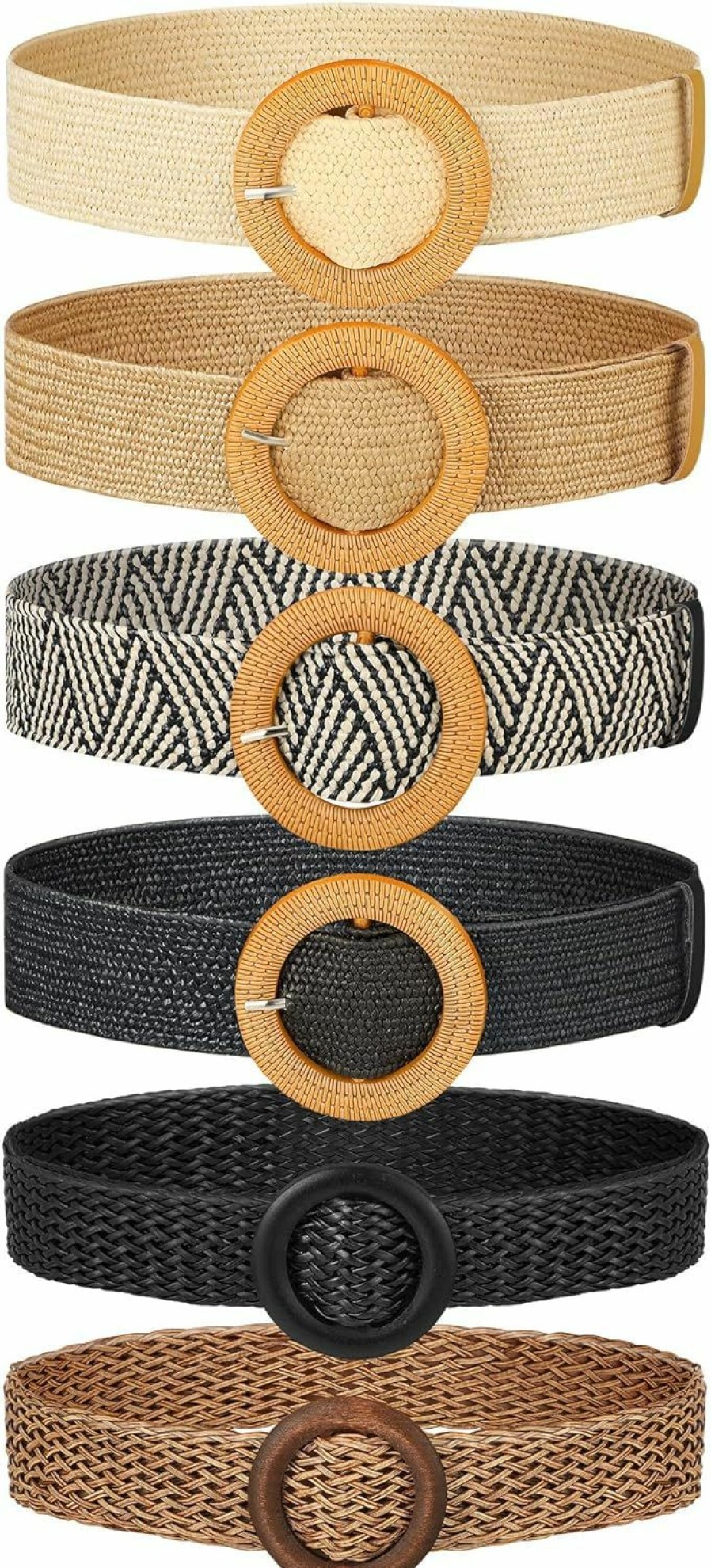 Geyoga Geyoga 6 Pack Women Straw Belt Woven Elastic Stretch Waist Belt Skinny Braided Waist Belt Boho Rattan Belts With Wood Buckle Belts For Women Dress Belt, 2 Sizes | Belts