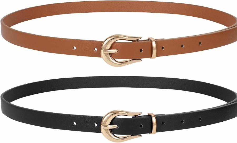 WERFORU Werforu Women Skinny Leather Belt For Dress Ladies Thin Waist Belt With Gold Buckle For Jeans Pants | Belts