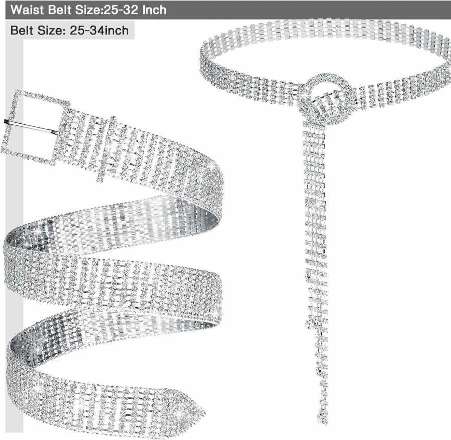 Vicenpal Vicenpal Rhinestone Belt 2 Pieces Shiny Crystal Ladies Waist Belt O Ring Belts For Women Wide Silver Chain Belt Bling Diamond Belt | Belts