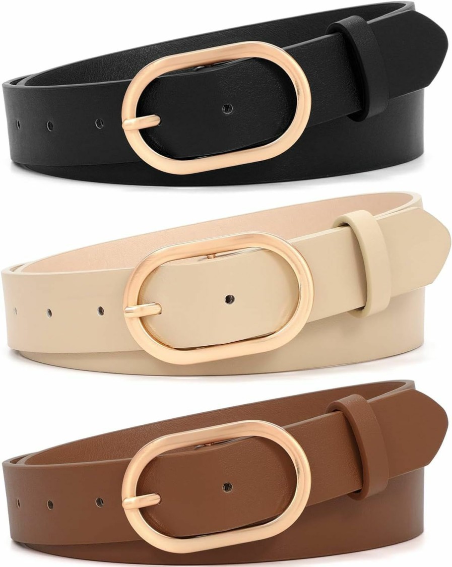 XZQTIVE Xzqtive 3 Pack Plus Size Women'S Leather Belts For Jeans Pants Dress Fashion Gold Buckle Ladies Waist Belt | Belts