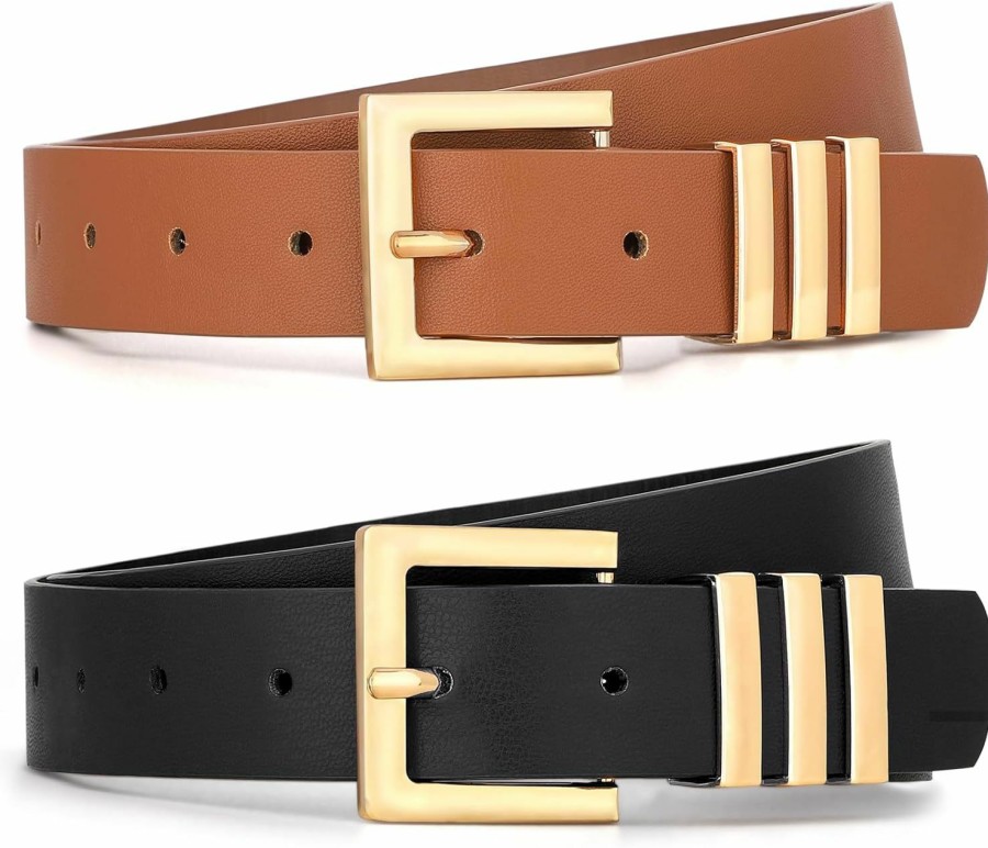 WHIPPY Whippy 2 Pack Women'S Leather Belts Fashion Square Gold Buckle Ladies Belt For Jeans Pants Dress | Belts