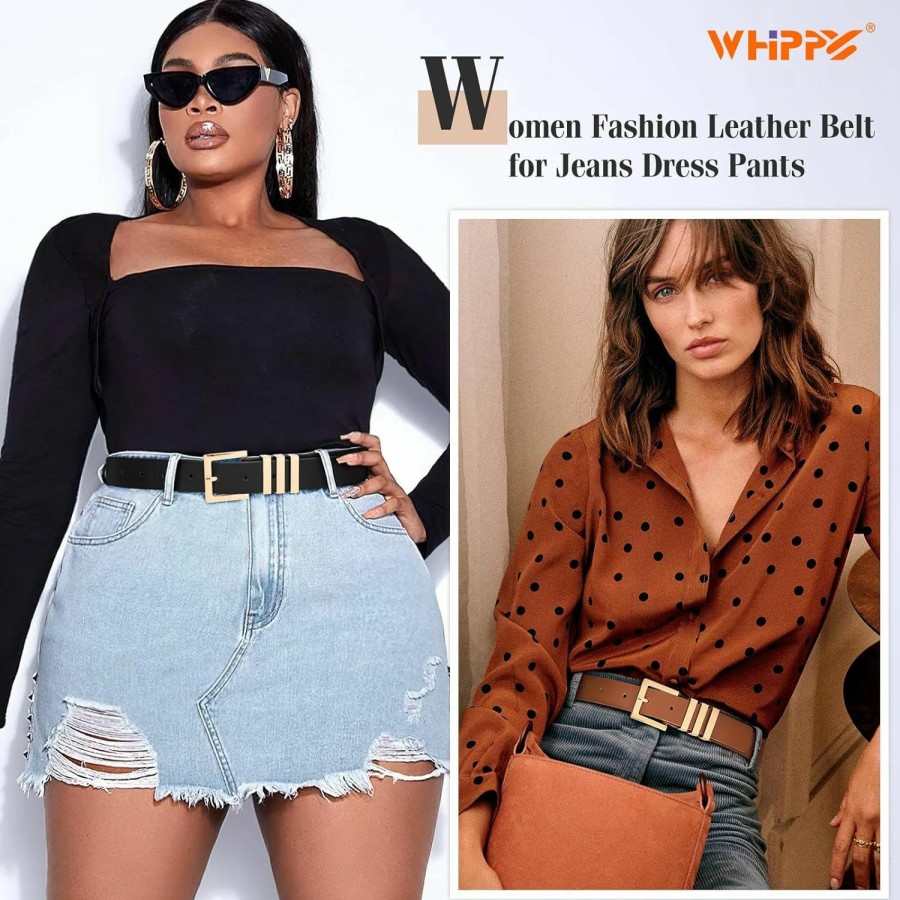 WHIPPY Whippy 2 Pack Women'S Leather Belts Fashion Square Gold Buckle Ladies Belt For Jeans Pants Dress | Belts