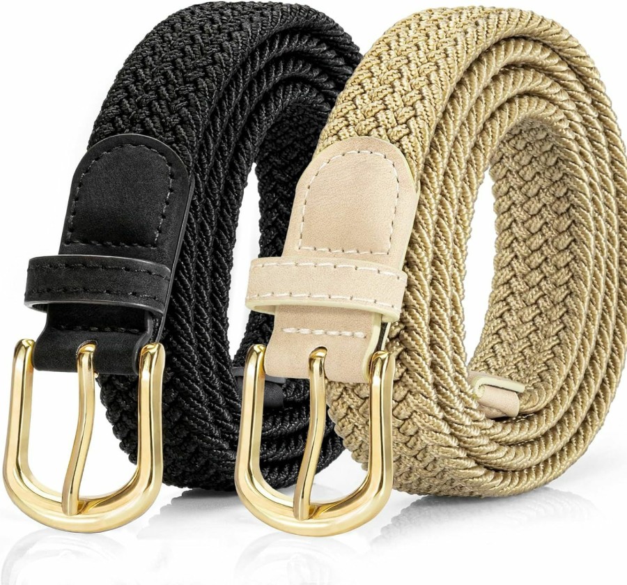 Alphyly Neries 2 Pack Braided Belt Women, Skinny Woven Stretch Belt, Fabric Cloth Belt Elastic Belt Gold Buckle | Belts