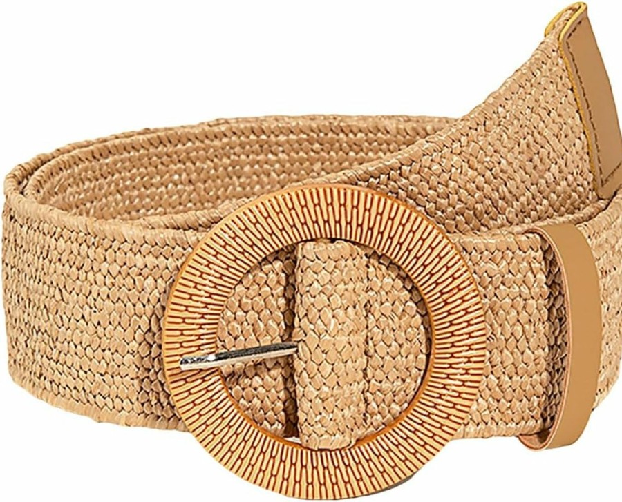 GORGLITTER Gorglitter Women'S Straw Woven Belt Elastic Waist Belt Boho Buckle Dress Buckle Belts | Belts