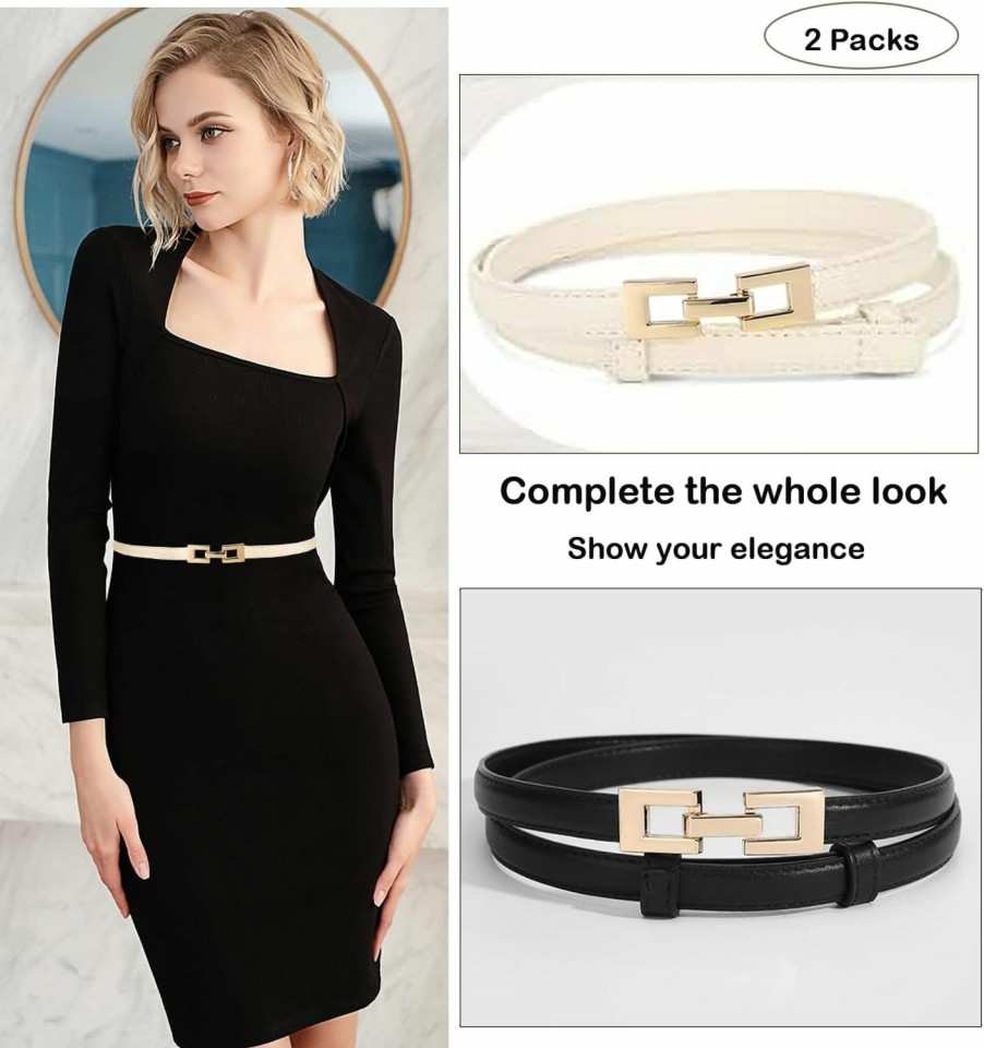 ALAIX Alaix 2Pack Skinny Leather Belts For Women Dress Belts Thin Waist Belt With Gold Buckle Adjustable Women'S Belt | Belts