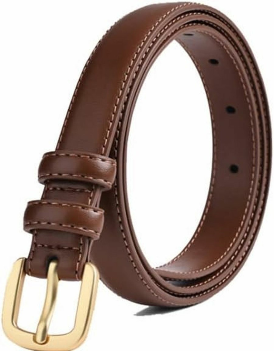 LXRAINQI Women'S 23 Mm Thin Leather Belt For Jeans Pants Dresses Brown Fashion Ladies Waist Belt With Gold Buckle | Belts