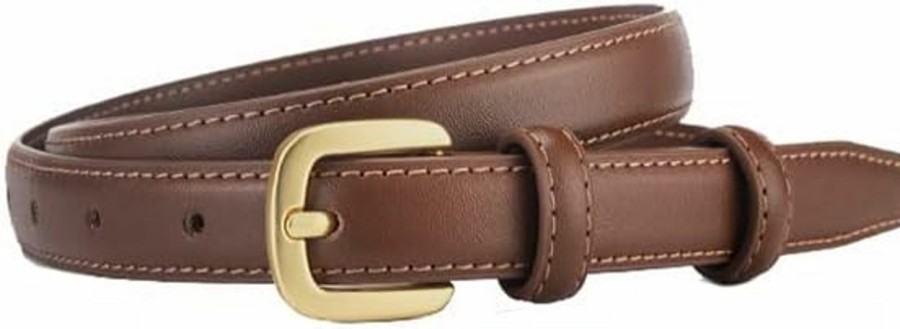 LXRAINQI Women'S 23 Mm Thin Leather Belt For Jeans Pants Dresses Brown Fashion Ladies Waist Belt With Gold Buckle | Belts