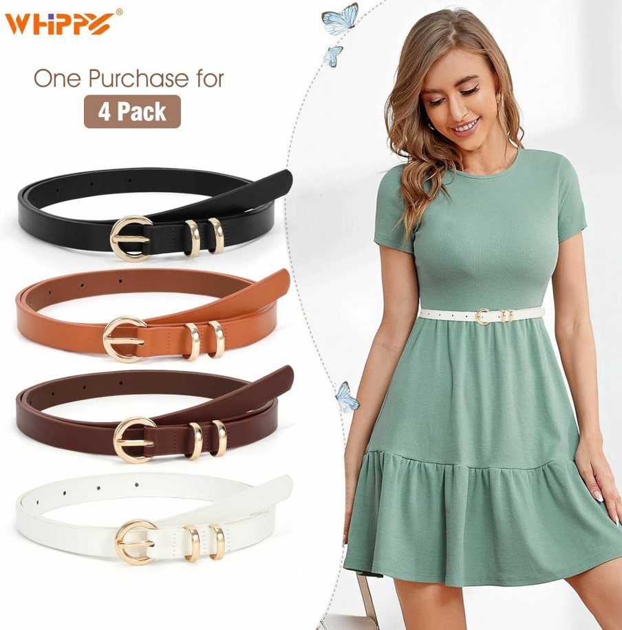 WHIPPY Whippy Set Of 4 Women Skinny Leather Belt Thin Waist Belt With Metal Buckle For Pants Jeans Dresses | Belts