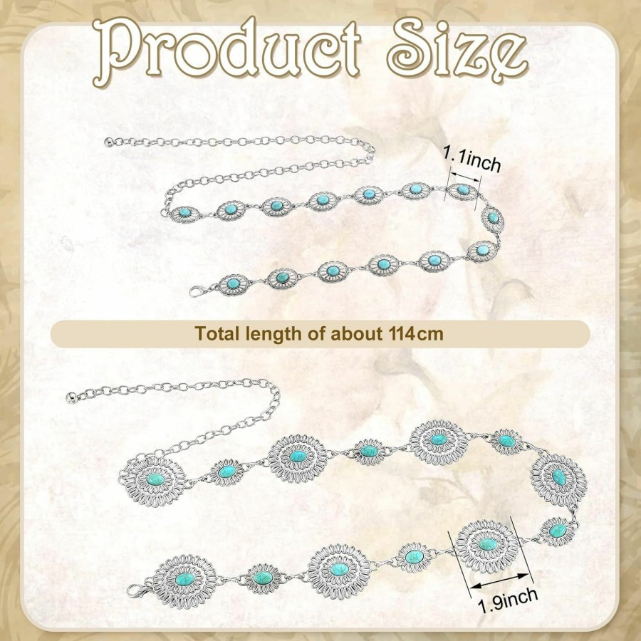 Zhanmai Zhanmai 2 Pieces Women Western Turquoise Belt Concho Belts Adjustable Western Belts For Women Metal Waist Chain Belts For Dresses Jeans, 44.88 Inches | Belts