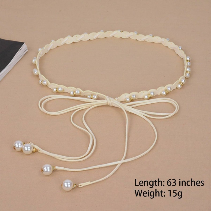 eartif Pearl Tassel Braided Waist Belts For Women Skinny Woven Chains Belt Knitted Rope Thin Belly Waist Chains Gifts For Dress | Belts