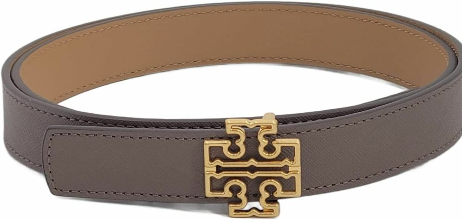 Tory Burch Tory Burch 141739 Britten Logo Clam Shell Grey/Tiramisu Light Brown With Gold Hardware Reversible 1 Inch Women'S Belt | Belts