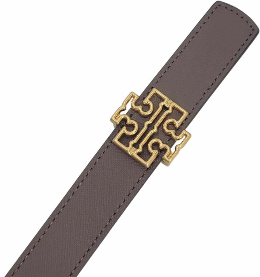 Tory Burch Tory Burch 141739 Britten Logo Clam Shell Grey/Tiramisu Light Brown With Gold Hardware Reversible 1 Inch Women'S Belt | Belts