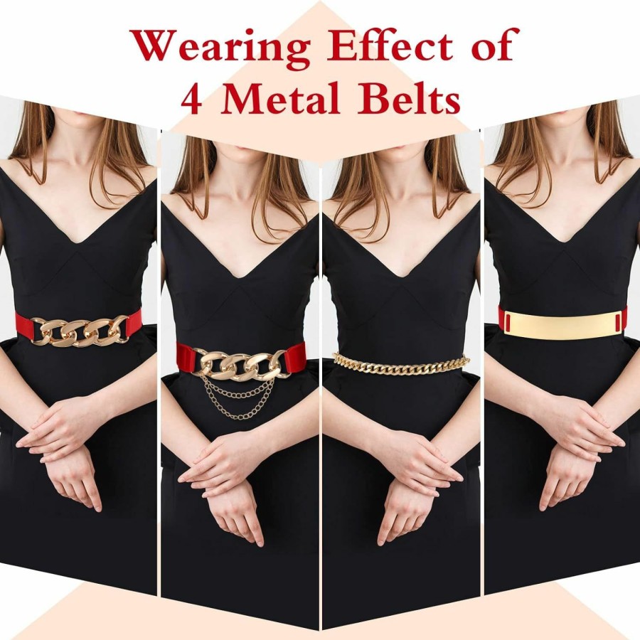 Zhanmai Zhanmai 4 Pieces Belts For Women Metal Gold Stretch Waist Belt Skinny Wide Chain Belt Elastic Belt For Dress | Belts