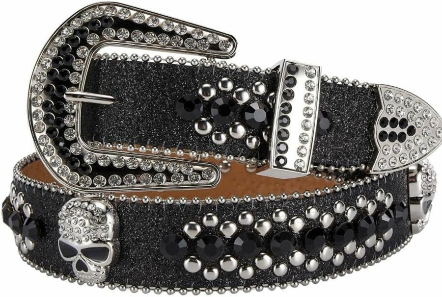 Generic Rhinestone Faux Leather Belt Men & Women Western Cowgirl Cowboy Bling Studded Design Diamond Fashion Belt For Jeans | Belts