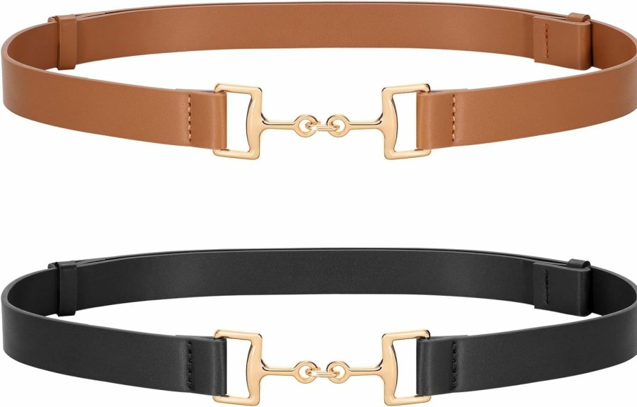 TRIWORKS Triworks 2 Pack Women Skinny Leather Belt For Dress Adjustable Thin Leather Waist Belt With Gold Buckle | Belts