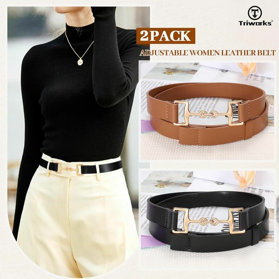 TRIWORKS Triworks 2 Pack Women Skinny Leather Belt For Dress Adjustable Thin Leather Waist Belt With Gold Buckle | Belts