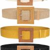 YUCFOREN Women Skinny Dress Belt, Fashion Straw Woven Elastic Stretch Waist Band Wood Buckle Belt | Belts