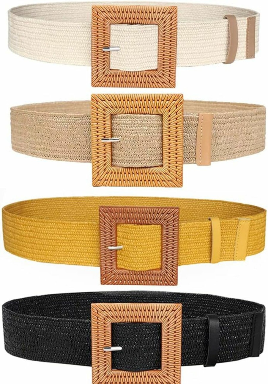 YUCFOREN Women Skinny Dress Belt, Fashion Straw Woven Elastic Stretch Waist Band Wood Buckle Belt | Belts