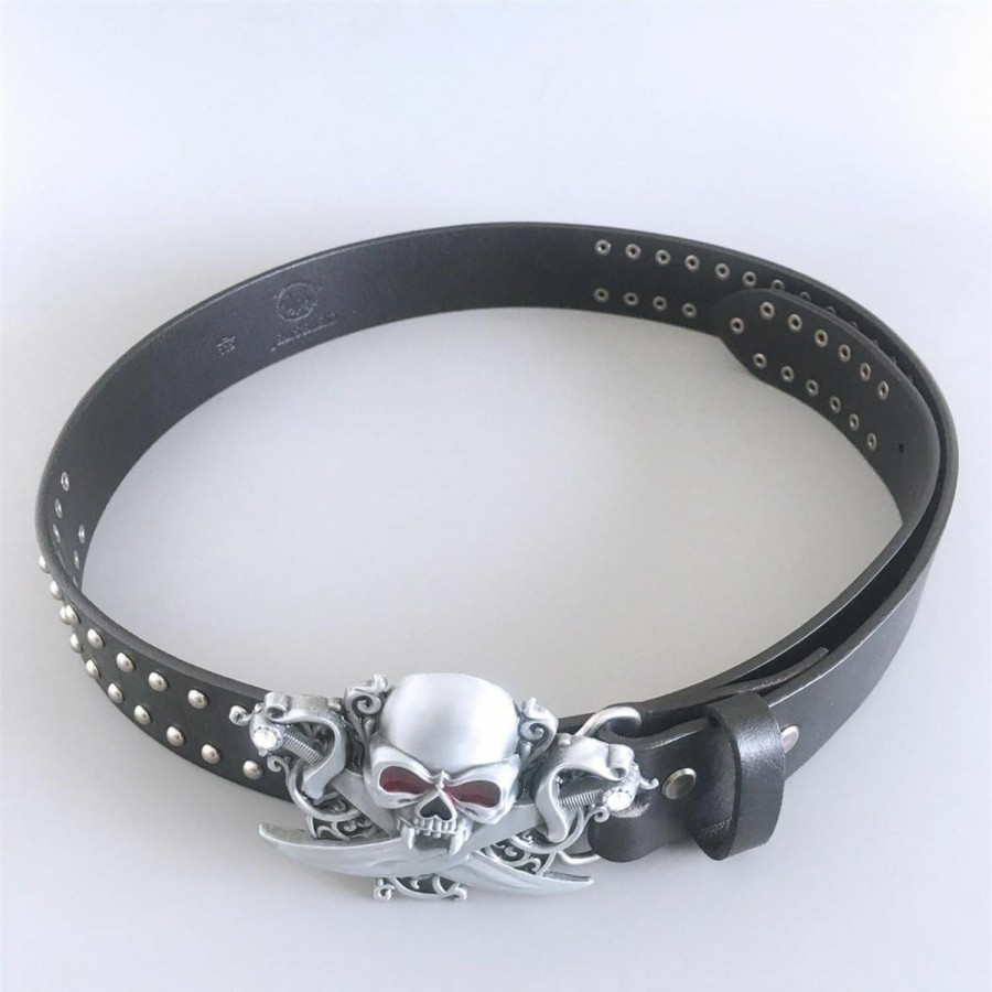 JEAN'S FRIEND Jean'S Friend Rhinestone Skull Buckle With Black Studded Genuine Leather Belt Five Length Size Choices | Belts