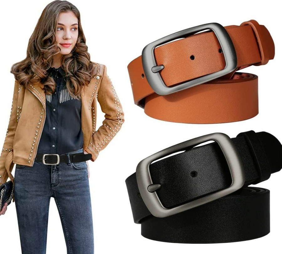 Ssumday 2 Pack Women'S 1.3" Leather Belts For Jeans Pants Dresses With Fashion Alloy Pin Buckle | Belts