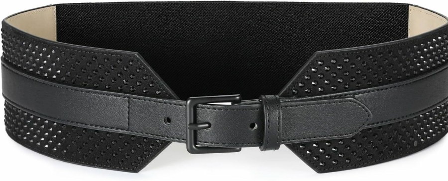 RISANTRY Risantry Women'S Wide Stretchy Belts Black Chunky Belts Elastic Black Rhinestone Belt For Women Faux Leather Buckle Belt For Dresses | Belts