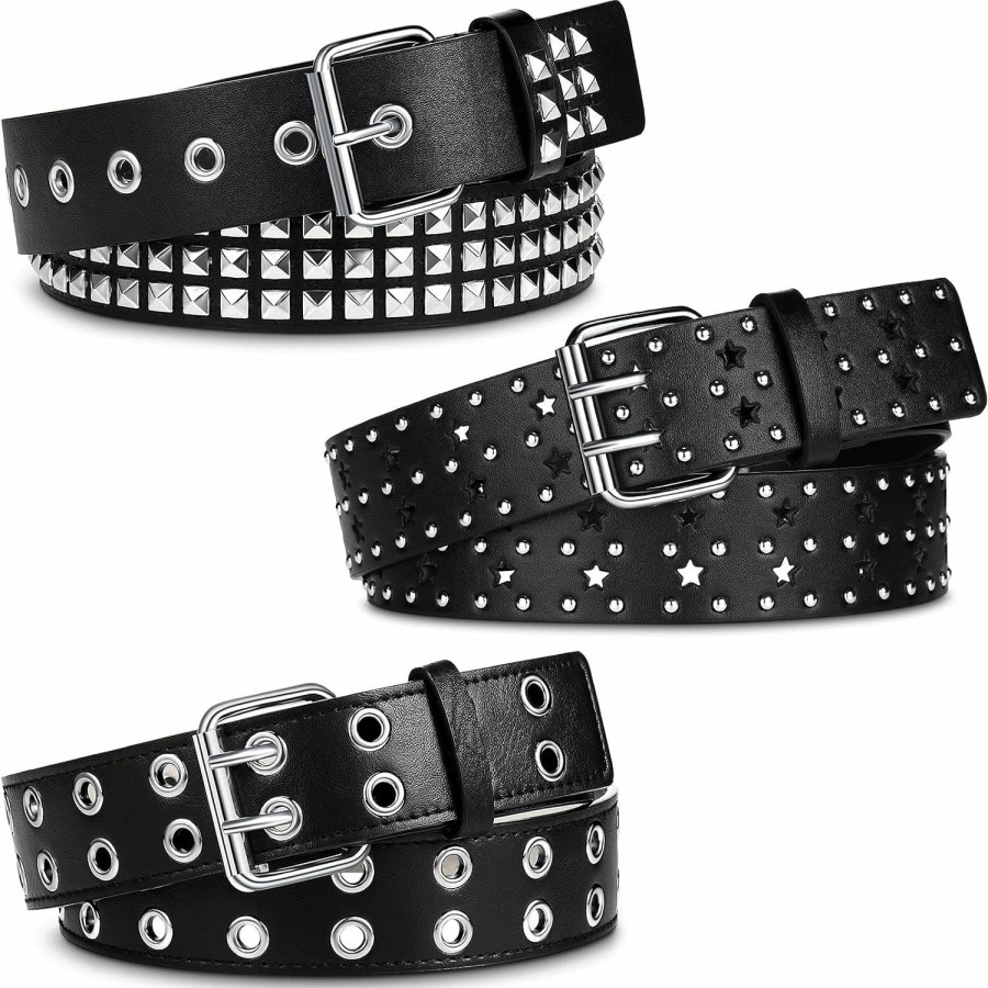 Syhood Syhood 3 Pieces Studded Belt Punk Rivet Double Grommet Belt Faux Leather Gothic Goth Black For Men Women Gift | Belts