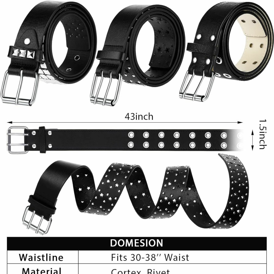 Syhood Syhood 3 Pieces Studded Belt Punk Rivet Double Grommet Belt Faux Leather Gothic Goth Black For Men Women Gift | Belts