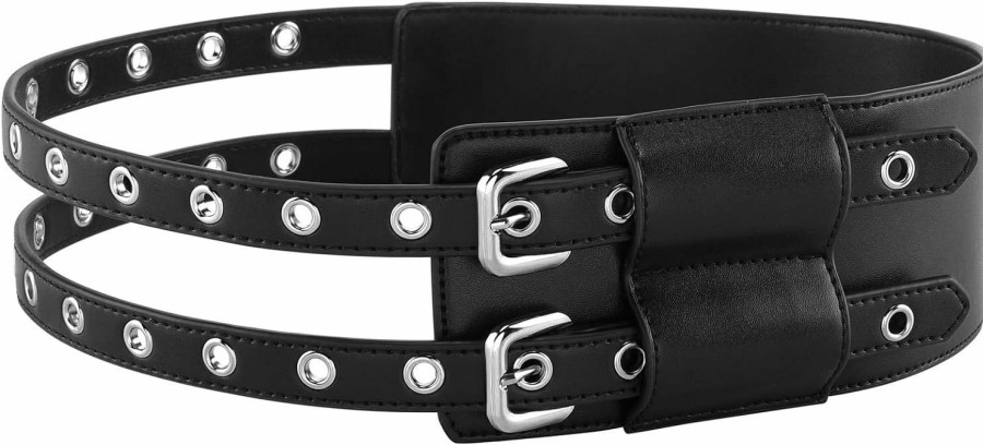 Ayliss Ayliss Women Wide Waist Dress Belt Vintage Double Grommet Cinch Belt 2 Holes Pu Leather Metal Punk Rock Waistband Party | Belts