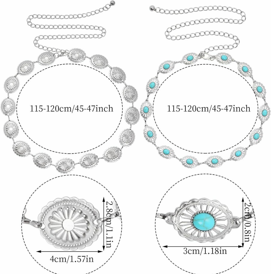 obmwang Obmwang 2 Pcs Women Concho Western Chain Belts Turquoise Chain Belts Adjustable Metal Waist Belt For Dresses Jeans | Belts