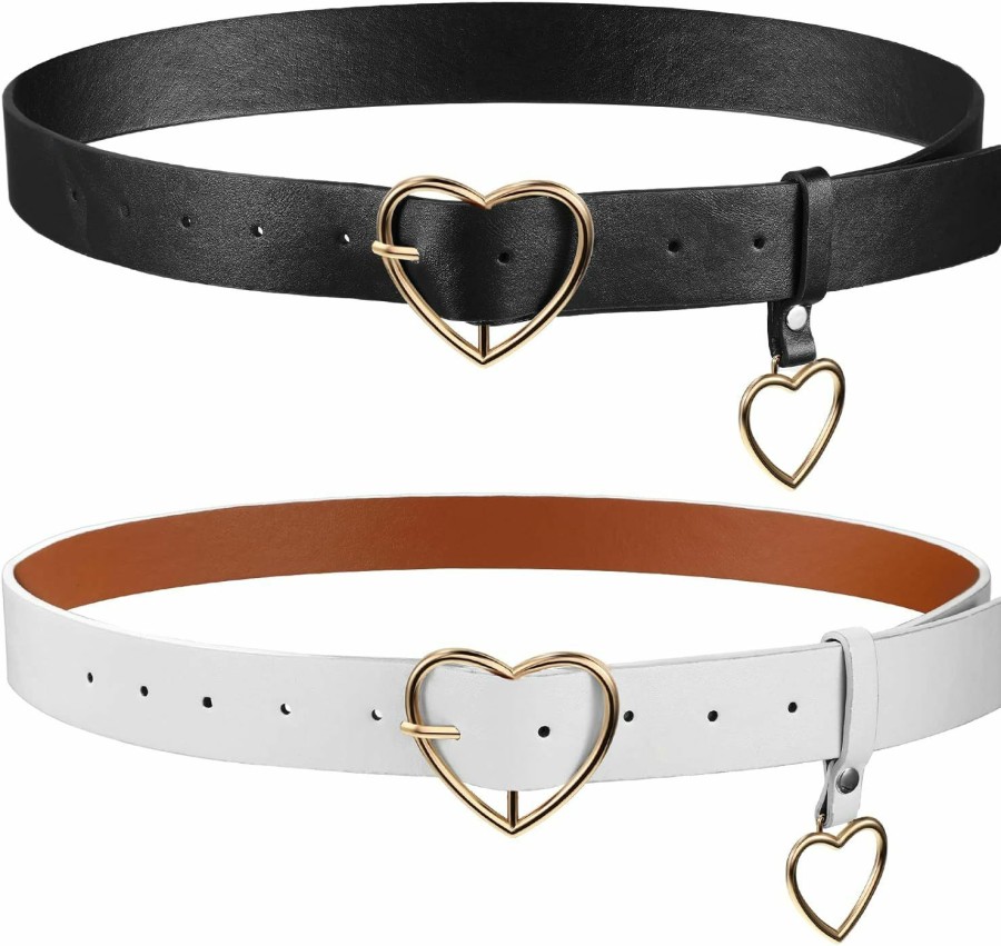 SATINIOR 2 Pieces Heart Shaped Belt Heart Buckle Belt White Black Pu Leather Belts For Women Girls Dress Jeans | Belts