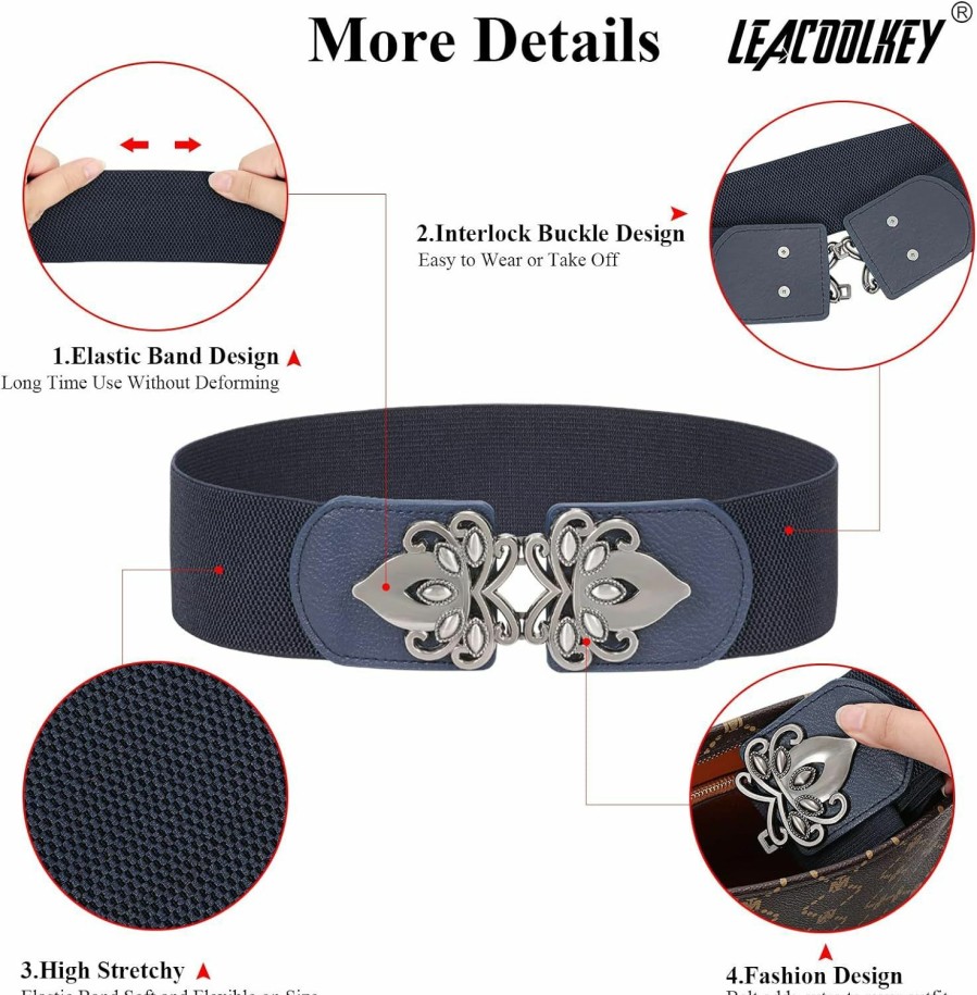 LEACOOLKEY Leacoolkey 4 Pack Women Wide Elastic Waist Belt For Dress Vintage Stretch Cinch Belt Retro Buckle | Belts