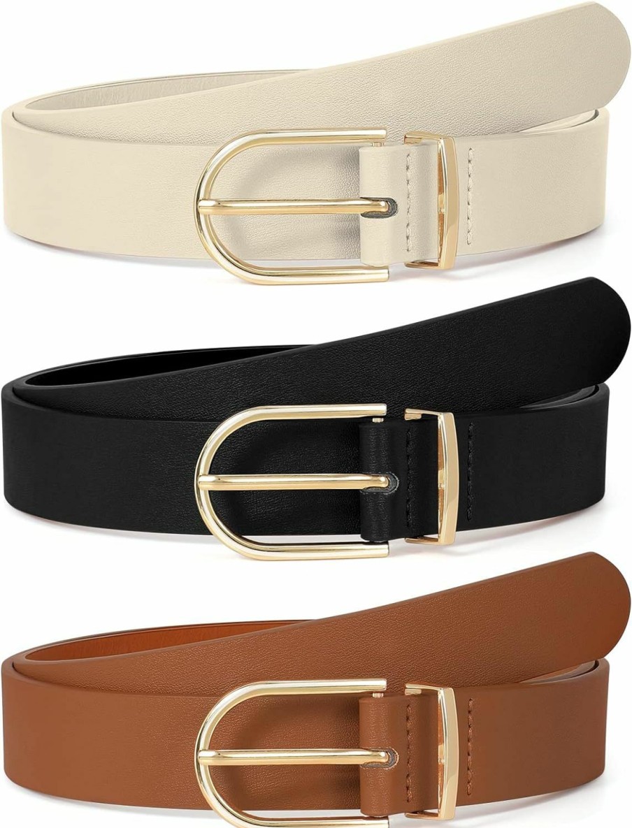 SUOSDEY Suosdey 2 Pack 3 Pack Womens Fashion Leather Belts For Jeans Dresses Pants Black Brown Beige Ladies Belts With Gold Buckle | Belts