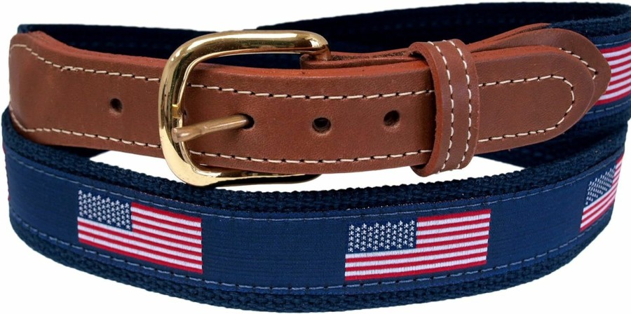 Skippers American Flag Belt On Navy Webbing, Leather Tips | Belts