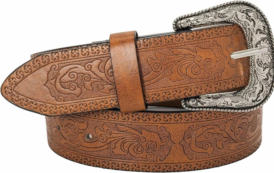 UTOWO Utowo Women'S Vintage Brown Leather Belt With Turquoise Pin Buckle For Pants, Jeans & Dresses (35\"-39\") | Belts