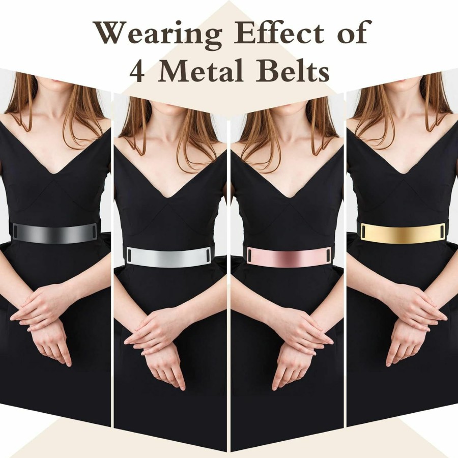 Handepo Handepo 4 Pcs Women Mirror Waist Belt Metal Stretch Dress Belts Plated Obi Band Waistband Elastic Belts For Women Girls Metallic Mirror Waist Belt, 4 Colors | Belts