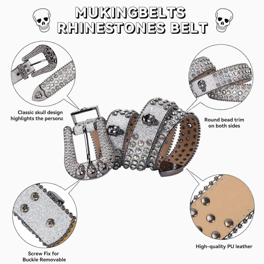 MUKINGBELTS Men Women Rhinestone Belt Western Luxury Strap Studded Skull Diamond Belt Fashion Cowboy Cowgirl Bling Belts | Belts