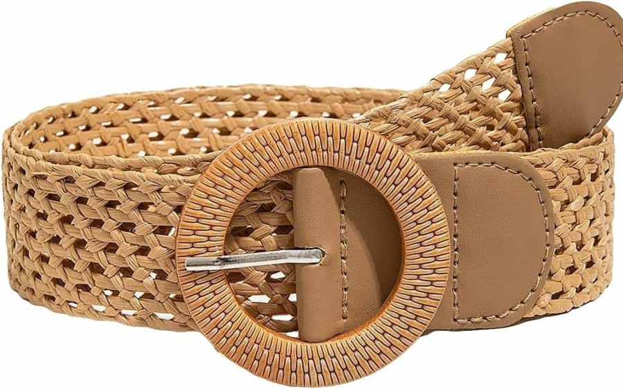 Verdusa Verdusa Women'S Square Buckle Elastic Straw Belts Woven Wide Waist Boho Waist Belt | Belts