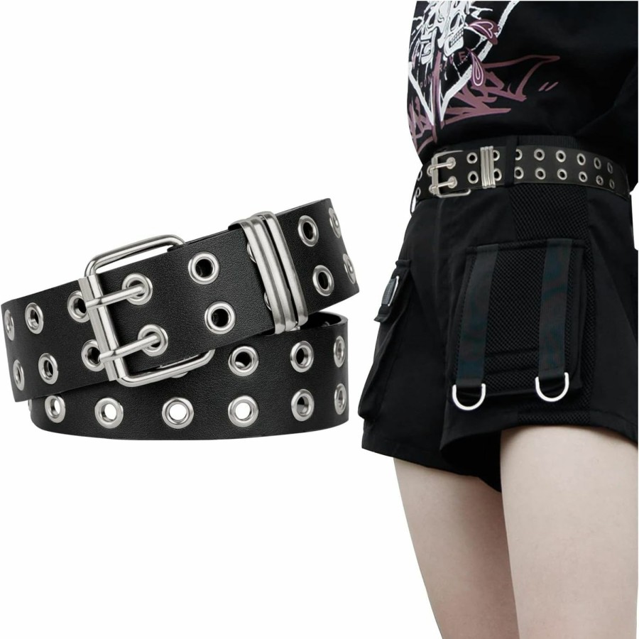 FIORETTO Fioretto Grommet Leather Belt With Detachable Chain Women Men Punk Rock Waist Belts For Jeans Pants | Belts