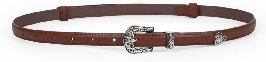 LEACOOLKEY Leacoolkey Women Skinny Leather Belt For Dress Western Buckle Adjustable Thin Waist Belt For Jeans | Belts