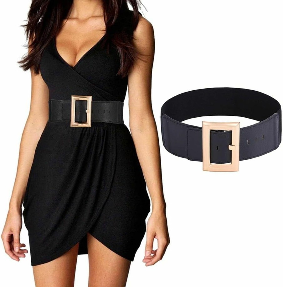 Yalice Yalice Wide Elastic Belt Women Gold Buckle Waist Belts For Dresses Retro Cinch Stretchy Belt For Ladies | Belts