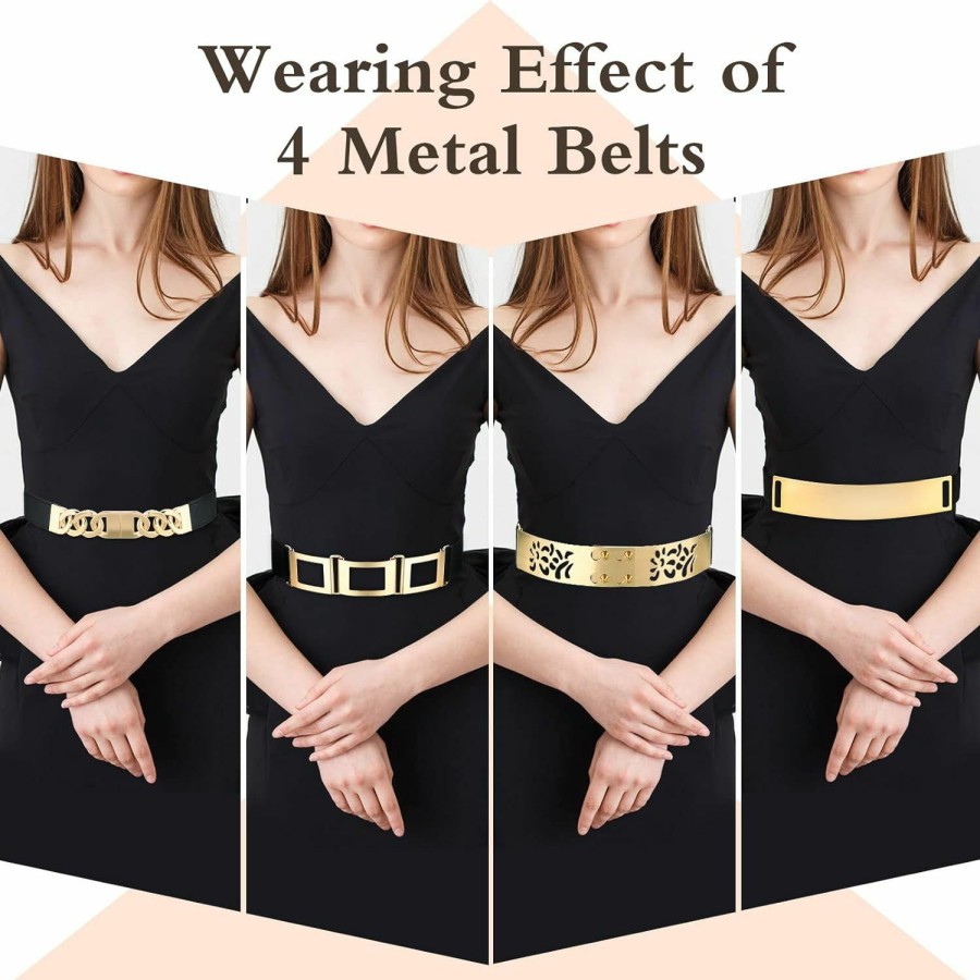 Zhanmai Zhanmai 4 Pieces Belts For Women Metal Gold Stretch Waist Belt Skinny Wide Chain Belt Elastic Belt For Dress (Black, Simple Style) | Belts