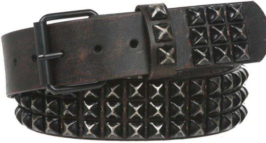 beltiscool Snap On 1 3/4" Three Row Punk Rock Star Distressed Black Studded Leather Belt | Belts